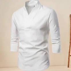 Online OUKU Men's Shirt Cotton Linen Shirt Casual Shirt Plain Casual Daily Black White Navy Blue Long Sleeve V Neck Summer Clothing Apparel