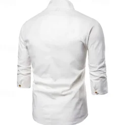 Online OUKU Men's Shirt Cotton Linen Shirt Casual Shirt Plain Casual Daily Black White Navy Blue Long Sleeve V Neck Summer Clothing Apparel