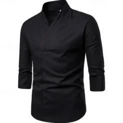 Online OUKU Men's Shirt Cotton Linen Shirt Casual Shirt Plain Casual Daily Black White Navy Blue Long Sleeve V Neck Summer Clothing Apparel