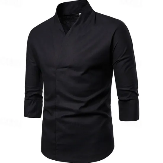 Online OUKU Men's Shirt Cotton Linen Shirt Casual Shirt Plain Casual Daily Black White Navy Blue Long Sleeve V Neck Summer Clothing Apparel