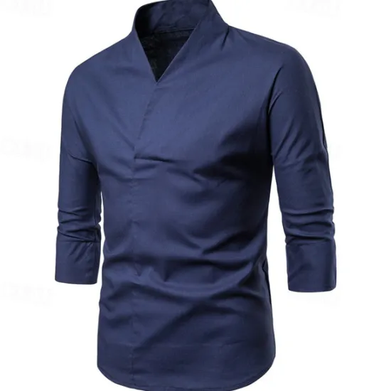 Online OUKU Men's Shirt Cotton Linen Shirt Casual Shirt Plain Casual Daily Black White Navy Blue Long Sleeve V Neck Summer Clothing Apparel