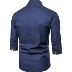 Online OUKU Men's Shirt Cotton Linen Shirt Casual Shirt Plain Casual Daily Black White Navy Blue Long Sleeve V Neck Summer Clothing Apparel