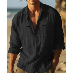 Discount OUKU Men's Shirt Cotton Linen Shirt Summer Shirt Beach Wear Casual Shirt Button Up Shirt Plain Vacation Curise Black White Light Blue Long Sleeve Lapel Spring & Summer Clothing Apparel Pocket