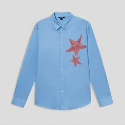 Hot OUKU Men's Shirt Cotton Linen Shirt Starfish Outdoor Vacation White Sky Blue Long Sleeve Rolled collar Summer Spring Clothing Apparel Buttons