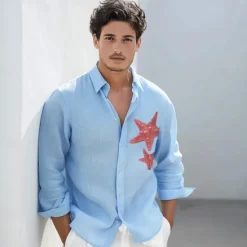 Hot OUKU Men's Shirt Cotton Linen Shirt Starfish Outdoor Vacation White Sky Blue Long Sleeve Rolled collar Summer Spring Clothing Apparel Buttons