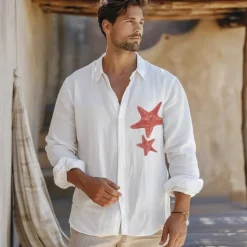 Hot OUKU Men's Shirt Cotton Linen Shirt Starfish Outdoor Vacation White Sky Blue Long Sleeve Rolled collar Summer Spring Clothing Apparel Buttons