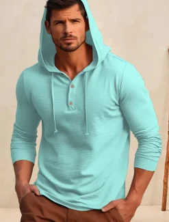 New OUKU Men's Shirt Cotton Linen Shirt Plain Vacation Casual Black White Navy Blue Blue Long Sleeve Hooded Spring & Fall Clothing Apparel Buttons