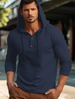 New OUKU Men's Shirt Cotton Linen Shirt Plain Vacation Casual Black White Navy Blue Blue Long Sleeve Hooded Spring & Fall Clothing Apparel Buttons