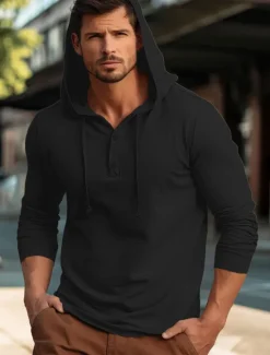New OUKU Men's Shirt Cotton Linen Shirt Plain Vacation Casual Black White Navy Blue Blue Long Sleeve Hooded Spring & Fall Clothing Apparel Buttons