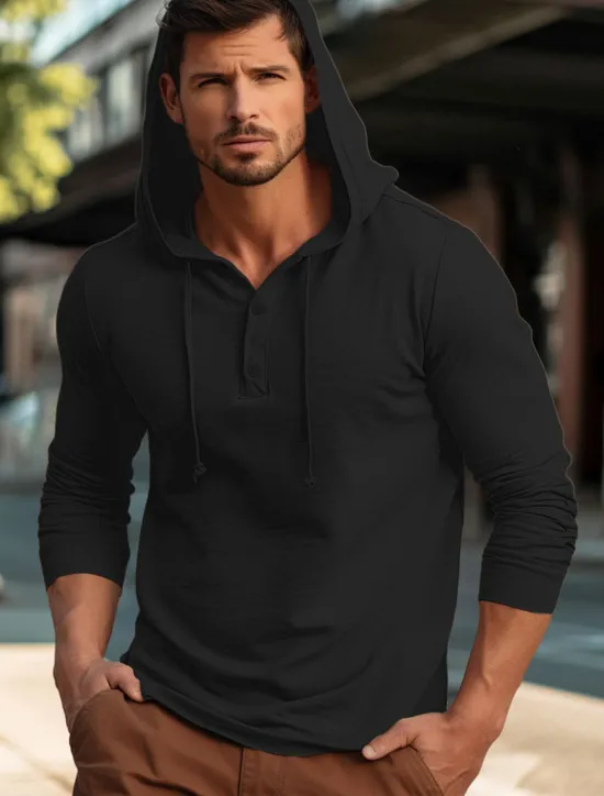 New OUKU Men's Shirt Cotton Linen Shirt Plain Vacation Casual Black White Navy Blue Blue Long Sleeve Hooded Spring & Fall Clothing Apparel Buttons