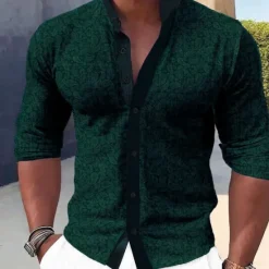 Hot OUKU Men's Shirt Dress Shirt Button Up Shirt Formal Holiday Blue Brown Green Rose Red Long Sleeve grandad collar Summer Spring & Fall Clothing Apparel Buttons