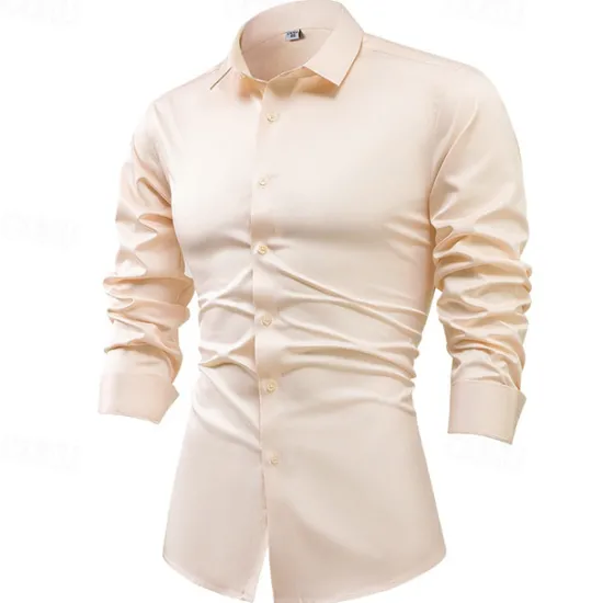 Best OUKU Men's Shirt Dress Shirt Button Up Shirt Plain Wedding Party Black White Light Green Pink Long Sleeve Lapel Spring & Fall Clothing Apparel