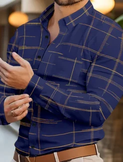 Hot OUKU Men's Shirt Dress Shirt Button Down Shirt Wrinkle Resistant Plaid Office & Career Wedding Party Black White Red Royal Blue Long Sleeve Lapel Spring & Fall Clothing Apparel Front Pocket