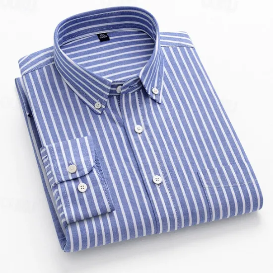 Sale OUKU Men's Shirt Dress Shirt Button Up Shirt Stripe Wedding Party Light Blue White Blue Sky Blue Long Sleeve Lapel Spring Fall Clothing Apparel