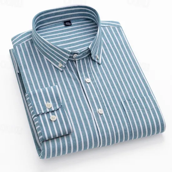 Sale OUKU Men's Shirt Dress Shirt Button Up Shirt Stripe Wedding Party Light Blue White Blue Sky Blue Long Sleeve Lapel Spring Fall Clothing Apparel