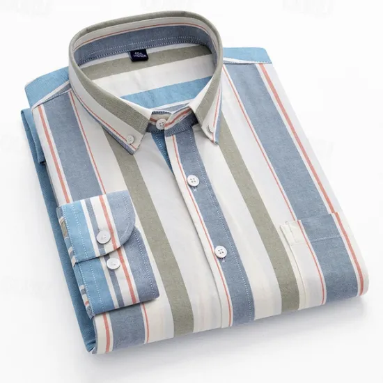Sale OUKU Men's Shirt Dress Shirt Button Up Shirt Stripe Wedding Party Light Blue White Blue Sky Blue Long Sleeve Lapel Spring Fall Clothing Apparel