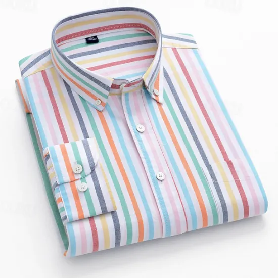 Sale OUKU Men's Shirt Dress Shirt Button Up Shirt Stripe Wedding Party Light Blue White Blue Sky Blue Long Sleeve Lapel Spring Fall Clothing Apparel