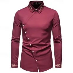 Clearance OUKU Men's Shirt Dress Shirt Button Up Shirt Plain Wedding Party Black White Red Navy Blue Long Sleeve Lapel Spring & Fall Clothing Apparel Embroidered