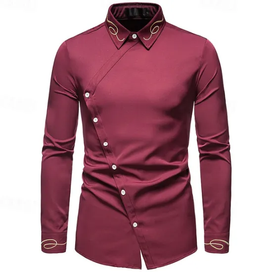 Clearance OUKU Men's Shirt Dress Shirt Button Up Shirt Plain Wedding Party Black White Red Navy Blue Long Sleeve Lapel Spring & Fall Clothing Apparel Embroidered