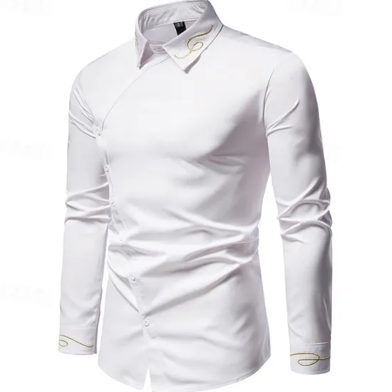 Clearance OUKU Men's Shirt Dress Shirt Button Up Shirt Plain Wedding Party Black White Red Navy Blue Long Sleeve Lapel Spring & Fall Clothing Apparel Embroidered