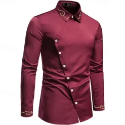 Clearance OUKU Men's Shirt Dress Shirt Button Up Shirt Plain Wedding Party Black White Red Navy Blue Long Sleeve Lapel Spring & Fall Clothing Apparel Embroidered