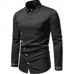 Clearance OUKU Men's Shirt Dress Shirt Button Up Shirt Plain Wedding Party Black White Red Navy Blue Long Sleeve Lapel Spring & Fall Clothing Apparel Embroidered
