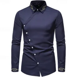 Clearance OUKU Men's Shirt Dress Shirt Button Up Shirt Plain Wedding Party Black White Red Navy Blue Long Sleeve Lapel Spring & Fall Clothing Apparel Embroidered