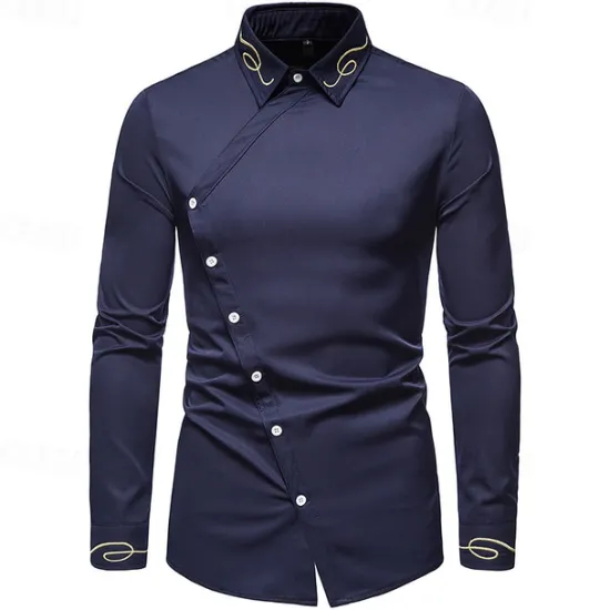 Clearance OUKU Men's Shirt Dress Shirt Button Up Shirt Plain Wedding Party Black White Red Navy Blue Long Sleeve Lapel Spring & Fall Clothing Apparel Embroidered