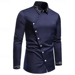 Clearance OUKU Men's Shirt Dress Shirt Button Up Shirt Plain Wedding Party Black White Red Navy Blue Long Sleeve Lapel Spring & Fall Clothing Apparel Embroidered