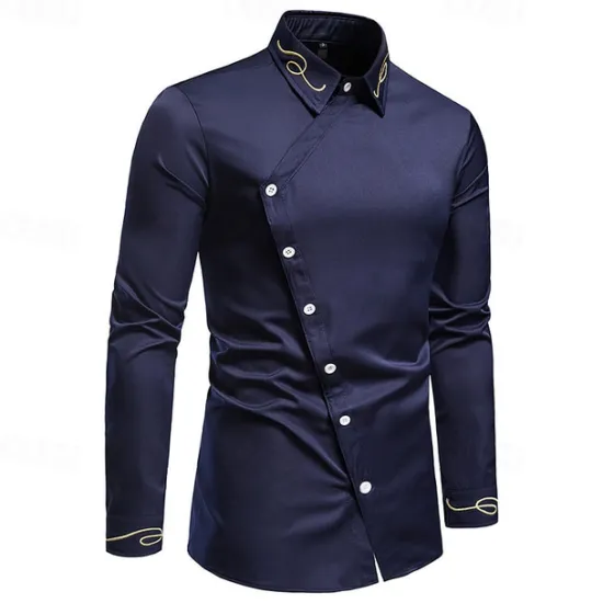 Clearance OUKU Men's Shirt Dress Shirt Button Up Shirt Plain Wedding Party Black White Red Navy Blue Long Sleeve Lapel Spring & Fall Clothing Apparel Embroidered