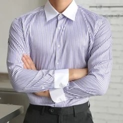Online OUKU Men's Shirt Dress Shirt Button Up Shirt Stripe Wedding Party Black Blue Dark Green Green Long Sleeve Lapel Spring & Fall Clothing Apparel