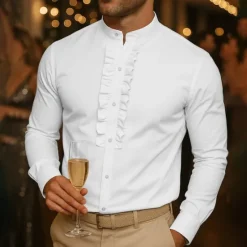 Hot OUKU Men's Shirt Dress Shirt Button Up Shirt Plain Wedding Party Black White Long Sleeve Stand Collar Spring Fall Clothing Apparel Ruffle