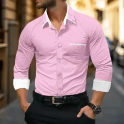 OUKU Men's Shirt Dress Shirt Button Down Shirt Wrinkle Resistant Plain Wedding Work Light Blue White Pink Navy Blue Long Sleeve Collar All Seasons Clothing Apparel