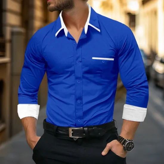 OUKU Men's Shirt Dress Shirt Button Down Shirt Wrinkle Resistant Plain Wedding Work Light Blue White Pink Navy Blue Long Sleeve Collar All Seasons Clothing Apparel