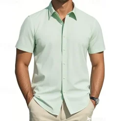 Clearance OUKU Men's Shirt Dress Shirt Button Up Shirt Plain Wedding Party Black White Light Green Pink Short Sleeve Lapel Summer Clothing Apparel