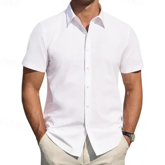 Clearance OUKU Men's Shirt Dress Shirt Button Up Shirt Plain Wedding Party Black White Light Green Pink Short Sleeve Lapel Summer Clothing Apparel