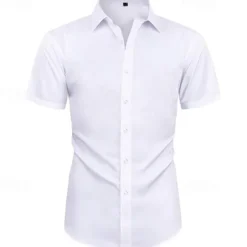 Clearance OUKU Men's Shirt Dress Shirt Button Up Shirt Plain Wedding Party Black White Light Green Pink Short Sleeve Lapel Summer Clothing Apparel