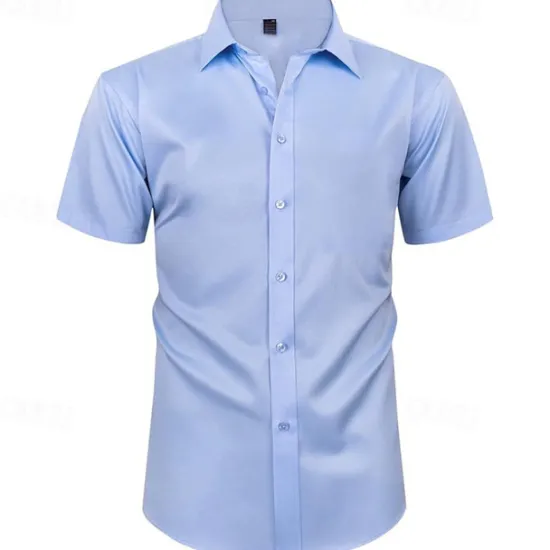 Clearance OUKU Men's Shirt Dress Shirt Button Up Shirt Plain Wedding Party Black White Light Green Pink Short Sleeve Lapel Summer Clothing Apparel