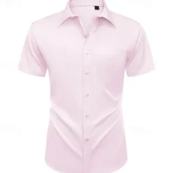 Clearance OUKU Men's Shirt Dress Shirt Button Up Shirt Plain Wedding Party Black White Light Green Pink Short Sleeve Lapel Summer Clothing Apparel