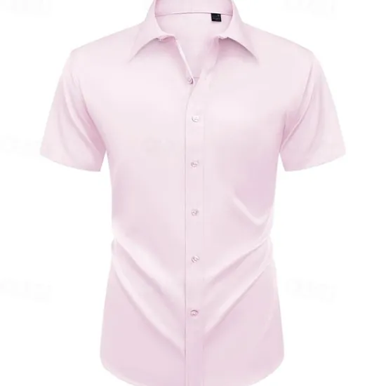 Clearance OUKU Men's Shirt Dress Shirt Button Up Shirt Plain Wedding Party Black White Light Green Pink Short Sleeve Lapel Summer Clothing Apparel