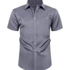 Clearance OUKU Men's Shirt Dress Shirt Button Up Shirt Plain Wedding Party Black White Light Green Pink Short Sleeve Lapel Summer Clothing Apparel