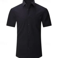 Online OUKU Men's Shirt Dress Shirt Button Up Shirt Solid Color Wedding Party Black White Pink Wine Short Sleeve Lapel Summer Clothing Apparel Buttons