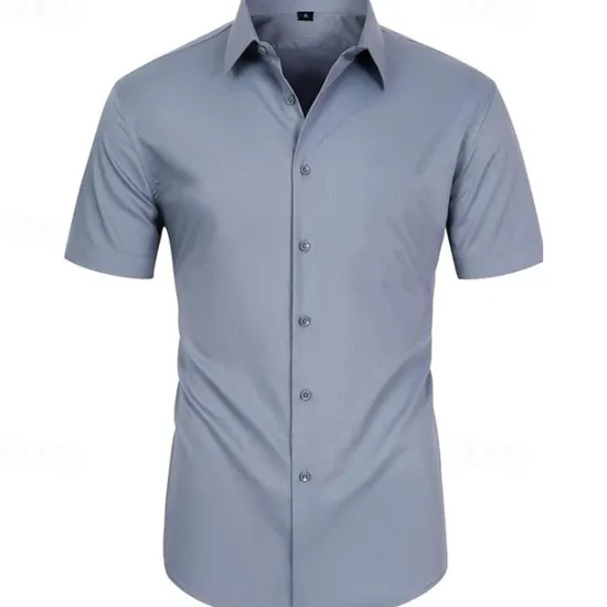 Online OUKU Men's Shirt Dress Shirt Button Up Shirt Solid Color Wedding Party Black White Pink Wine Short Sleeve Lapel Summer Clothing Apparel Buttons