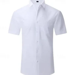 Online OUKU Men's Shirt Dress Shirt Button Up Shirt Solid Color Wedding Party Black White Pink Wine Short Sleeve Lapel Summer Clothing Apparel Buttons