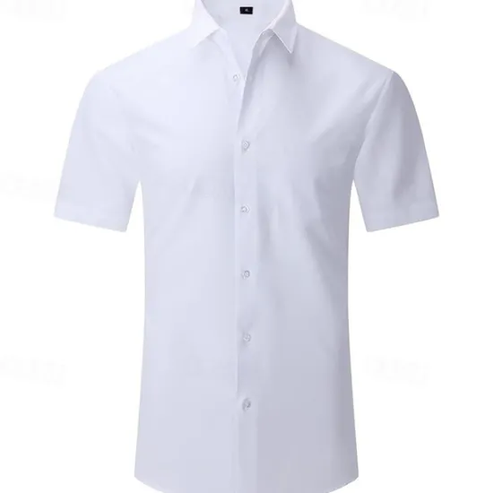 Online OUKU Men's Shirt Dress Shirt Button Up Shirt Solid Color Wedding Party Black White Pink Wine Short Sleeve Lapel Summer Clothing Apparel Buttons