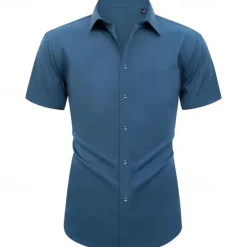 Online OUKU Men's Shirt Dress Shirt Button Up Shirt Solid Color Wedding Party Black White Pink Wine Short Sleeve Lapel Summer Clothing Apparel Buttons