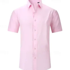 Online OUKU Men's Shirt Dress Shirt Button Up Shirt Solid Color Wedding Party Black White Pink Wine Short Sleeve Lapel Summer Clothing Apparel Buttons