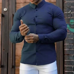 Online OUKU Men's Shirt Dress Shirt Button Up Shirt Plain Wedding Party Black White Red Navy Blue Long Sleeve Lapel Spring & Fall Clothing Apparel
