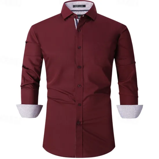 Discount OUKU Men's Shirt Dress Shirt Button Up Shirt Plain Wedding Party Black White Pink Wine Long Sleeve Lapel Spring & Fall Clothing Apparel