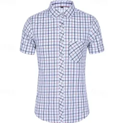 Online OUKU Men's Shirt Dress Shirt Button Up Shirt Plaid Party Work Yellow Red Blue Short Sleeve Lapel Summer Clothing Apparel Front Pocket